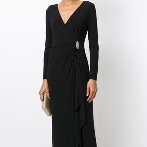 Ralph Lauren Black Jersey V-neck Gown with Brooch Detail